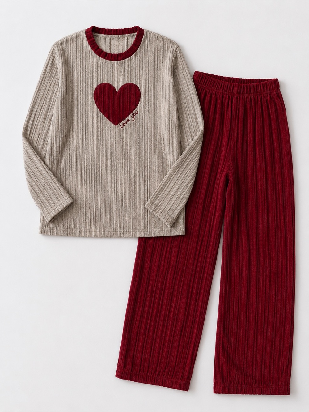 Women’s Ribbed Lounge Set Heart Love You Top & Burgundy Pants Soft Cozy PJ’s XL